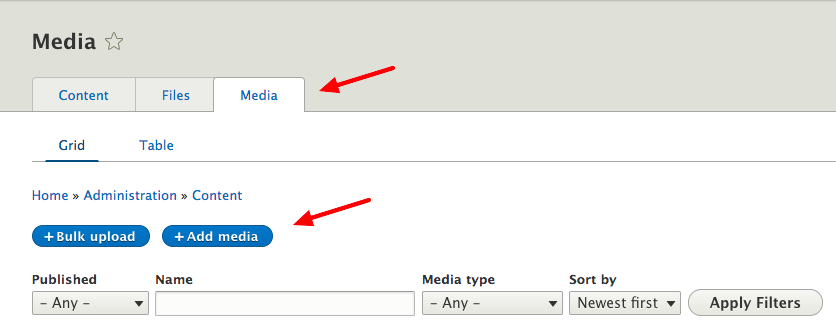 Screenshot of the content tab structure: Content, Files, and Media. Underneath is are buttons: Bulk upload and Add media.