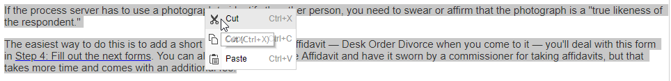 Screenshot of cutting text