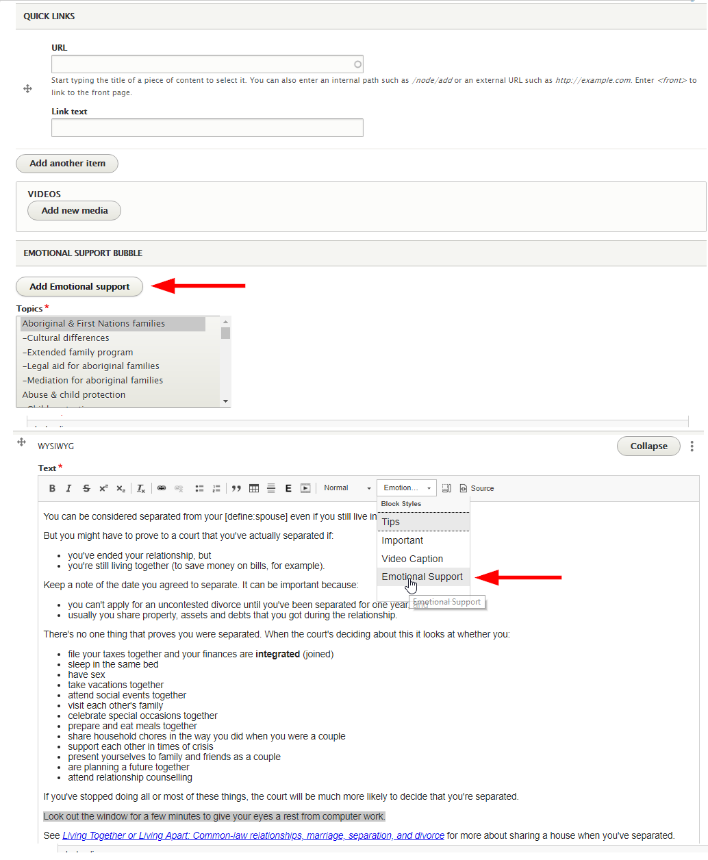 Screenshot showing how to add emotional support bubbles in Drupal 8