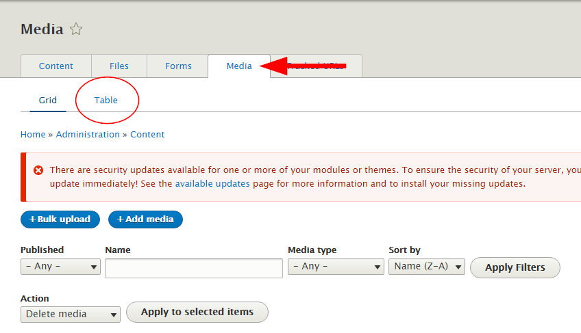 Screenshot showing the Media tab and button to switch to Table view