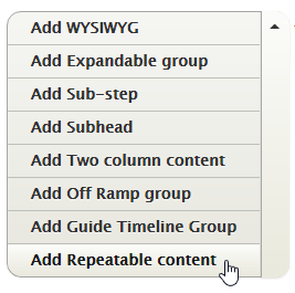 "Add content" dropdown box