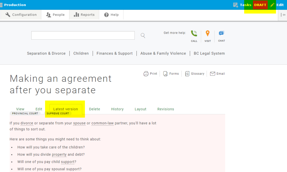 A screenshot showing how pages appear in draft