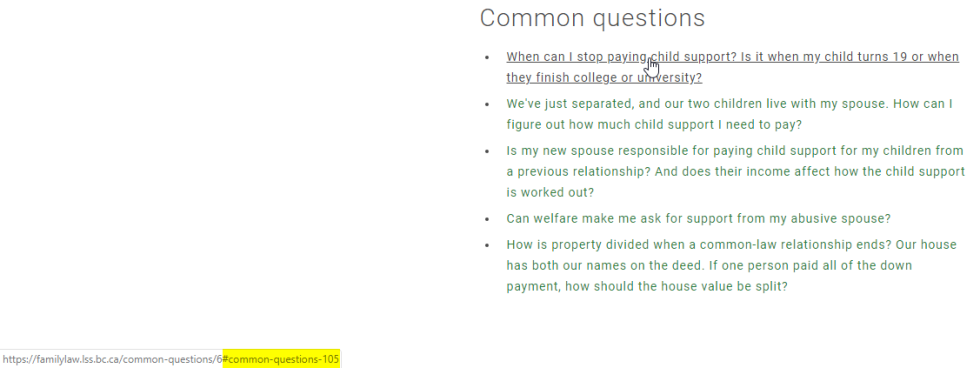 Example - common questions hover Screenshot showing anchor id in bottom left corner when hovering
