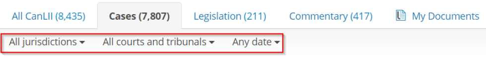 Screenshot of the CanLII sub-filters on the Cases tab. The drop-down menus are boxed in red.