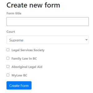 Screenshot of Create new form dialog